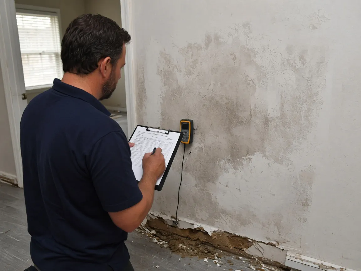 Technician writing the first entry on a drying log while a moisture meter reads the wall beside him.