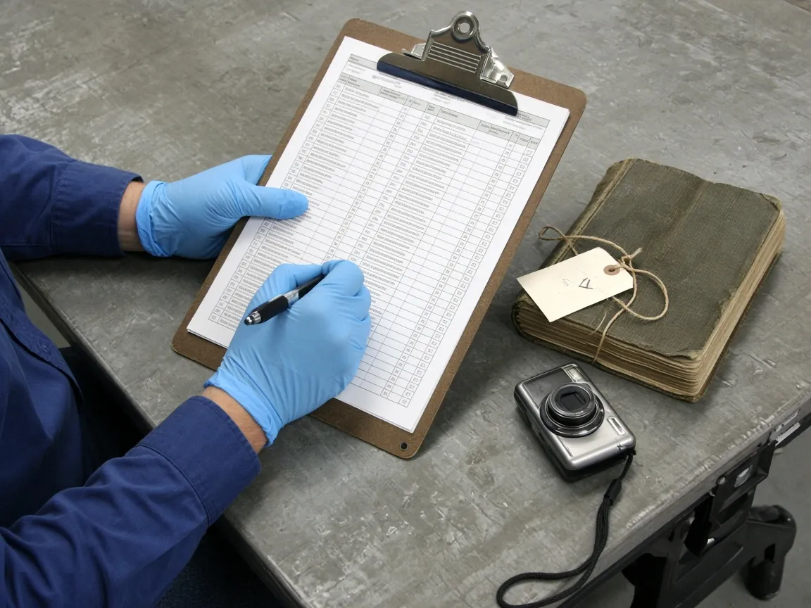 Gloved hands ticking an inventory sheet on a clipboard beside a tagged damp book and the camera used for condition shots.