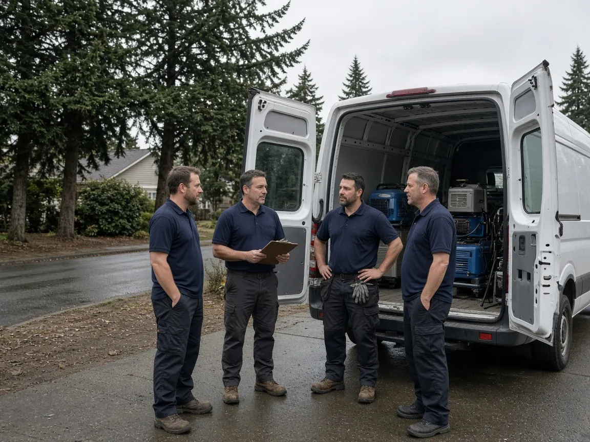 Four technicians at the open back of the work van on a driveway, drying equipment stacked inside.