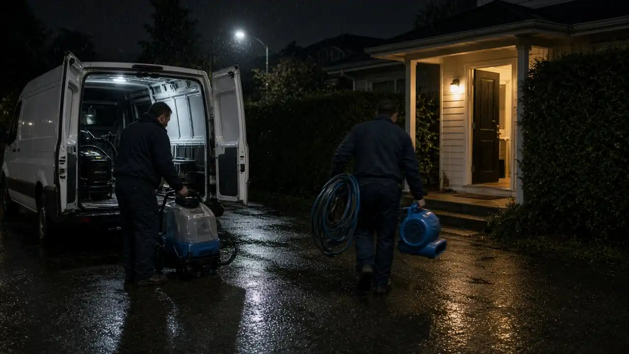 Two Calder technicians unloading an extractor and an air mover from the van outside a Metro Vancouver house at night.
