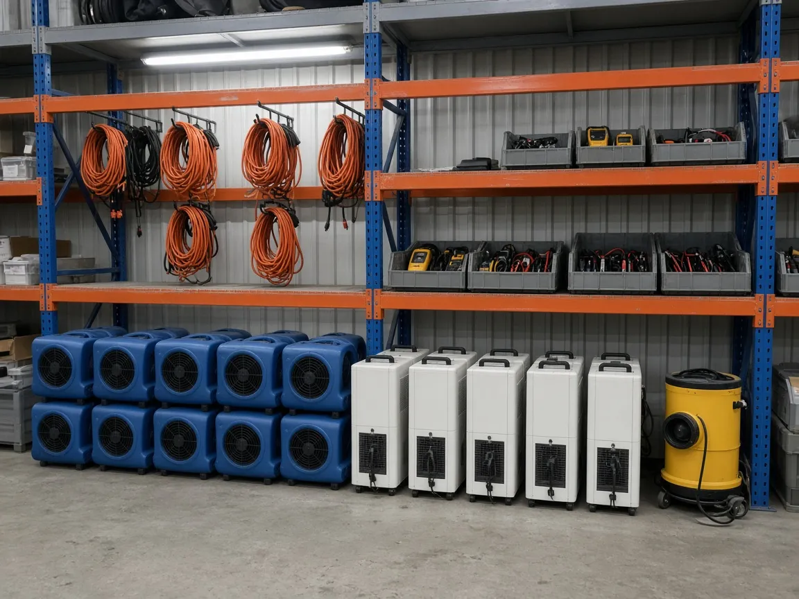 Racked air movers, dehumidifiers and meters in the equipment bay.