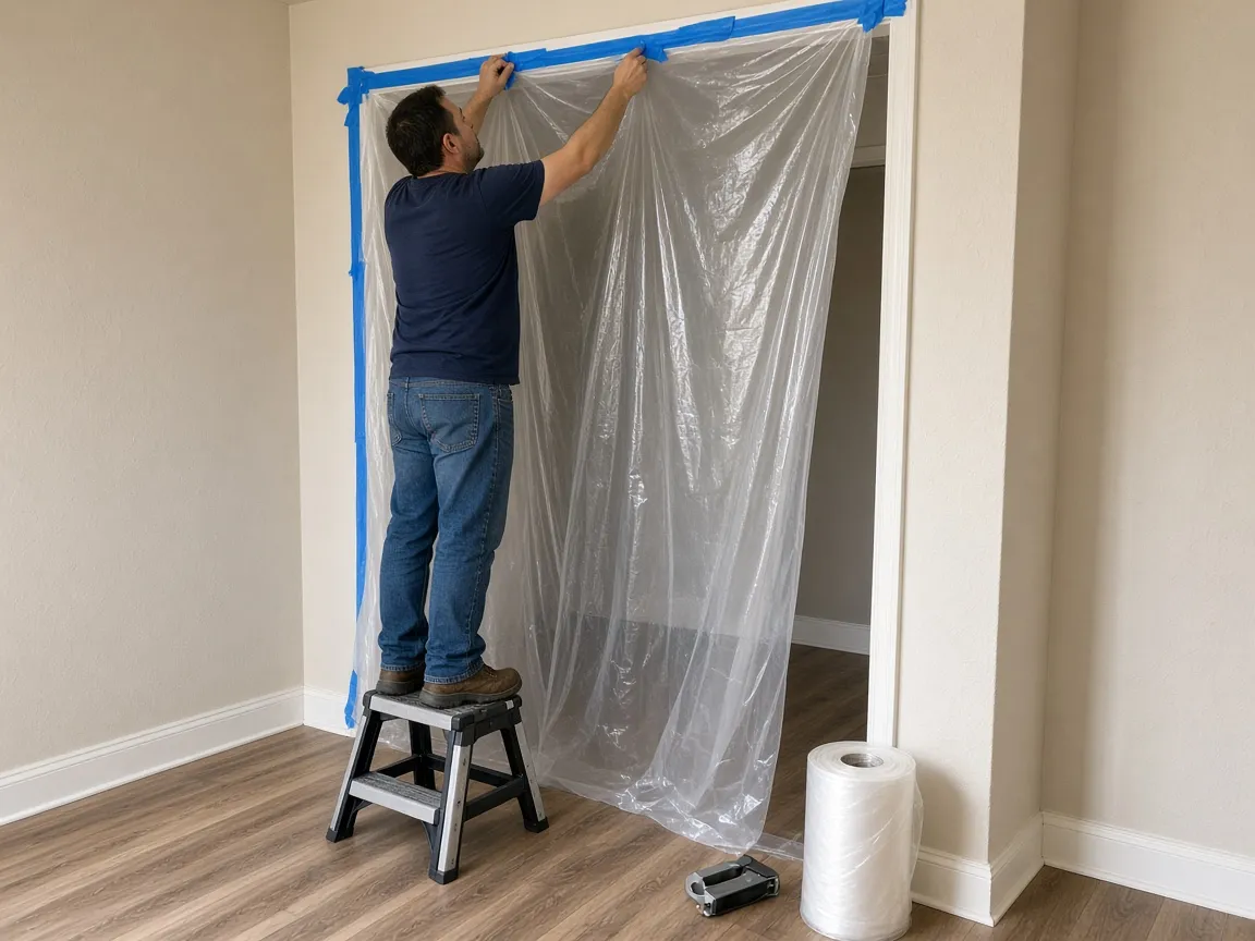 Technician on a step stool taping polythene sheeting across a doorway to build a containment barrier.