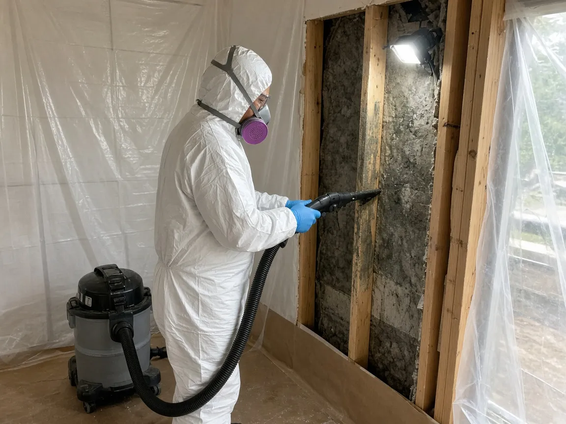 Technician in a Tyvek suit and respirator HEPA-vacuuming a stud inside a sealed containment.