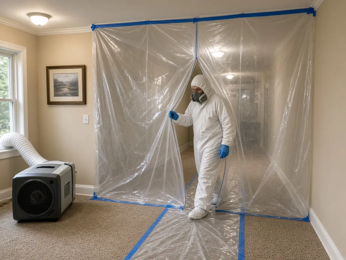 Technician in a Tyvek suit and respirator stepping through the zippered entry of a sealed containment, with a HEPA negative air machine ducted to a window.