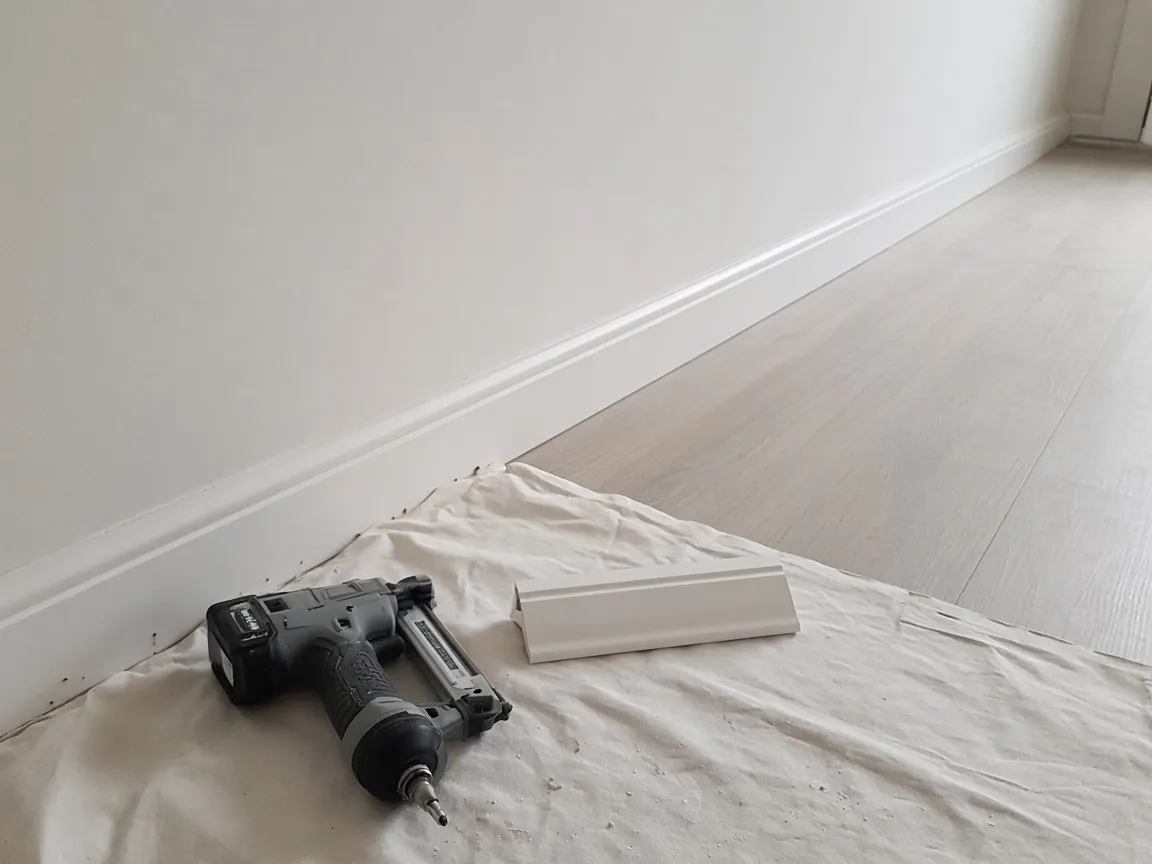 Finished wall and freshly painted skirting board reinstated, with a nail gun and an offcut left on the dust sheet.
