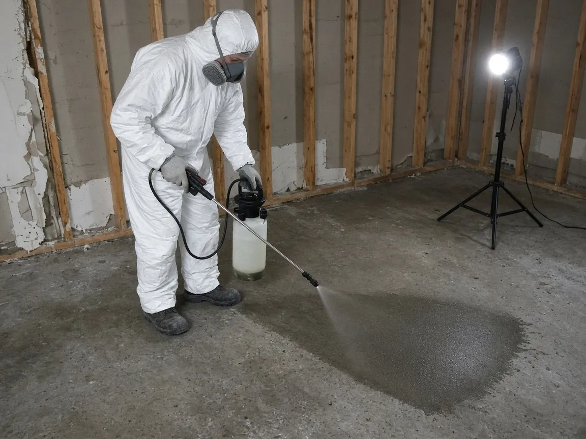 Technician applying antimicrobial across a stripped concrete floor with a pump sprayer.