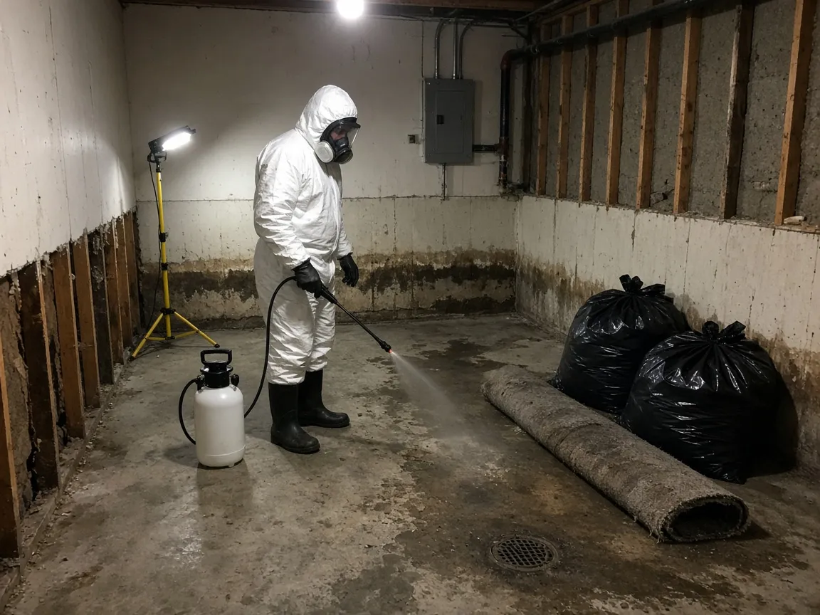 Technician in full protective equipment disinfecting a stripped Category 3 area.