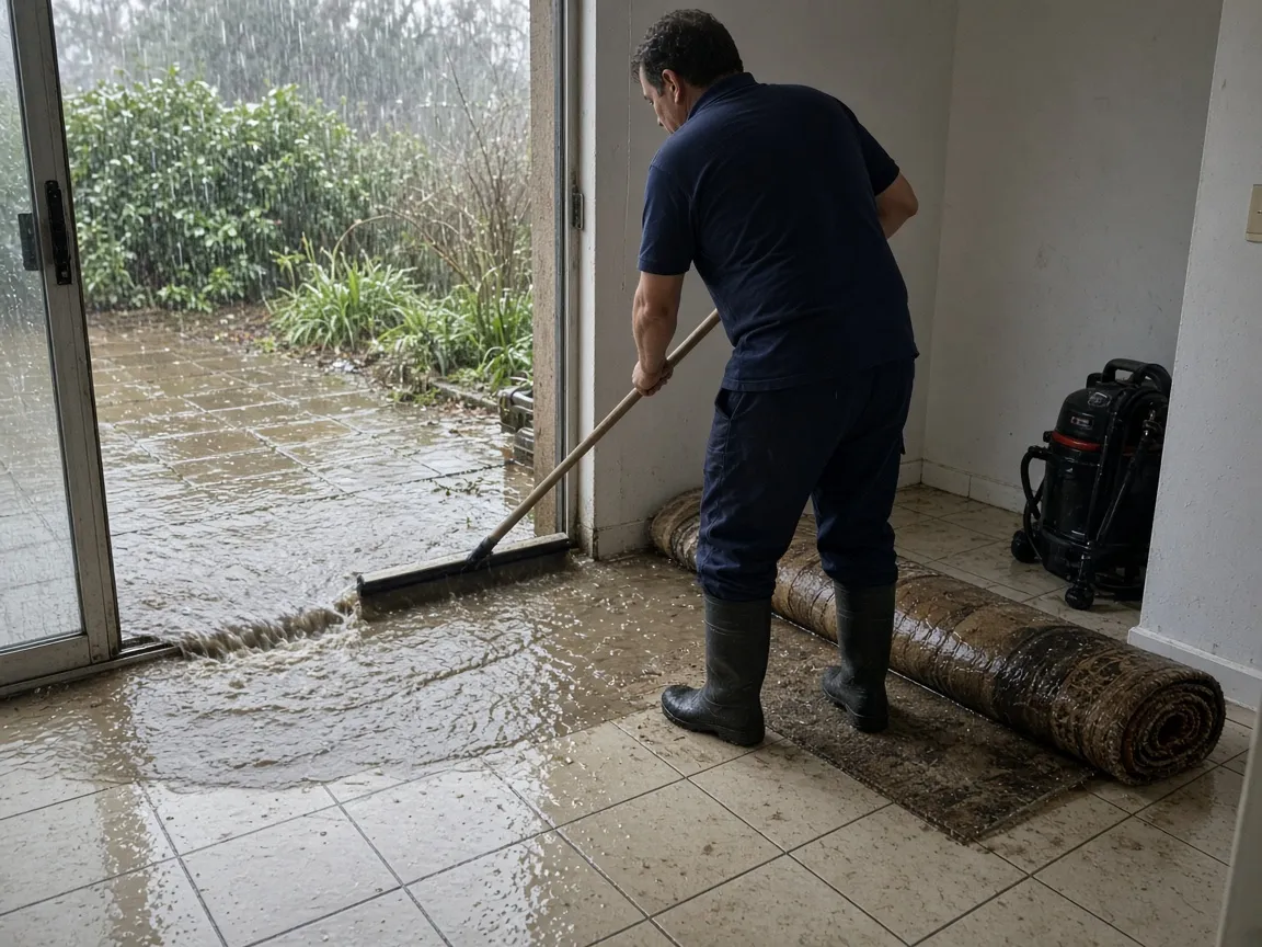 Technician squeegeeing muddy rainwater out through an open patio door, a soaked rug rolled up against the wall.