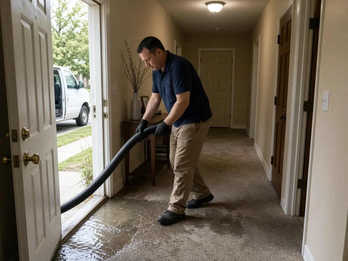 Technician hauling an extraction hose in through the front door of a house with standing water across the hallway floor.